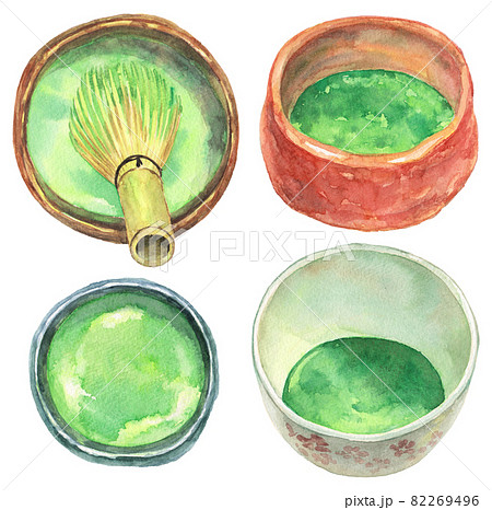水彩抹茶の茶碗のイラスト素材