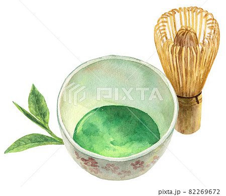 水彩お茶と茶筅とお茶の葉 82269672