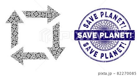 Recycle Recursion Collage of Recycle Icons and Scratched Save Planet! Round Guilloche Seal Stamp 82270085