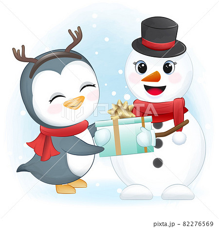 Cute penguin and snowman with gift box, Christmas season illustration. Cute penguin and snowman with gift box, Christmas season illustration. 82276569