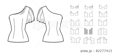 Set of one-shoulder tops, shirts, tanks, blouses technical fashion illustration with fitted oversized, short sleeves 82277415