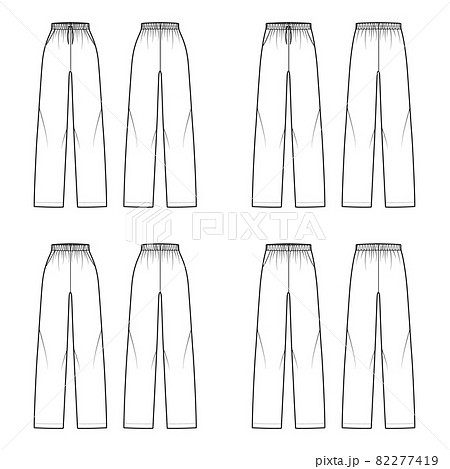 Set of Pull-On Pants Sport training shorts technical fashion illustration with high low waist, Relaxed fit, ankle length Set of Pull-On Pants Sport training shorts technical fashion illustration with high low waist, Relaxed fit, ankle length 82277419