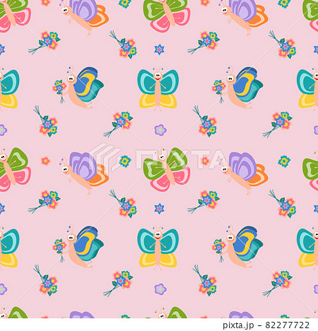 Seamless illustration with cute butterflies and flowers. Cartoon character. Vector for fabric, wallpaper or wrapping paper. 82277722