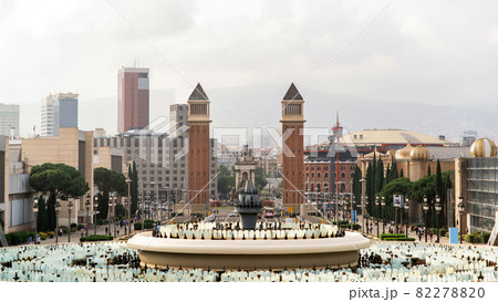 Plaza de Espana, The Venetian Towers, fountain, view from The Palau Nacional in Barcelona Plaza de Espana, The Venetian Towers, fountain, view from The Palau Nacional in Barcelona 82278820