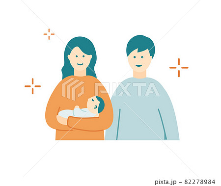 赤ちゃんを抱くお母さんとお父さんのイラスト シンプル 子ども 出産 妊娠 家族 親子 夫婦 抱っこのイラスト素材 2784