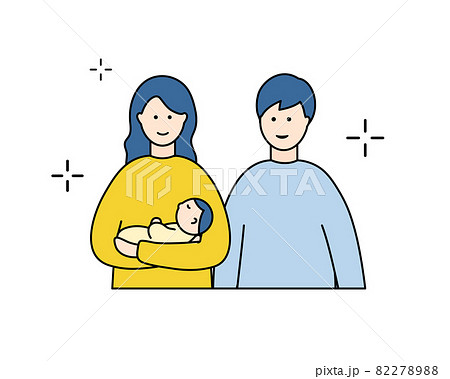 赤ちゃんを抱くお母さんとお父さんのイラスト シンプル 子ども 出産 妊娠 家族 親子 夫婦 抱っこのイラスト素材 27