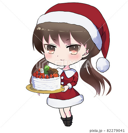 イラスト素材 クリスマスケーキを持って微笑んで立つ若い女の子のイラストのイラスト素材