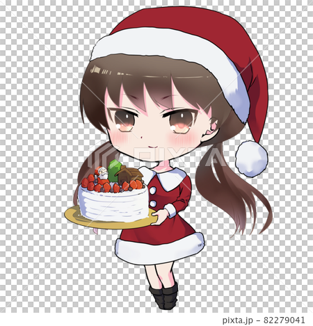 イラスト素材 クリスマスケーキを持って微笑んで立つ若い女の子のイラストのイラスト素材