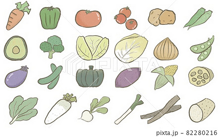 根菜や葉物など手書き野菜の素材セットのイラスト素材
