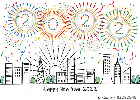 シンプル線画の街並みと花火の22年年賀状テンプレートのイラスト素材 2949
