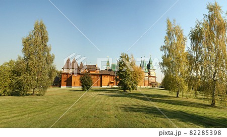 Wooden palace in Kolomenskoe (panorama). Reconstruction of the building 17 century, Moscow, Russia Wooden palace in Kolomenskoe (panorama). Reconstruction of the building 17 century, Moscow, Russia 82285398