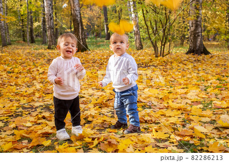 cheerful kids catching maple leaves falling in autumn city Park. 82286213