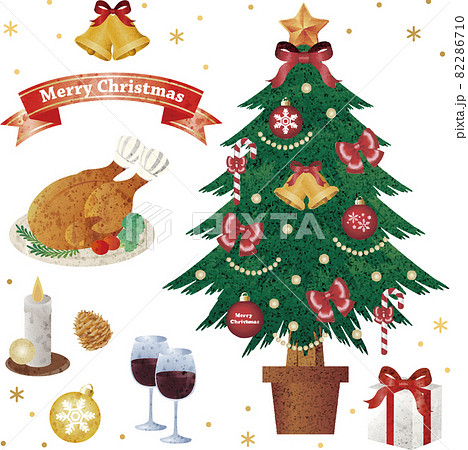 クリスマス クリスマスツリー ローストチキン 料理 ごちそう プレゼント 水彩 イラスト素材セットのイラスト素材