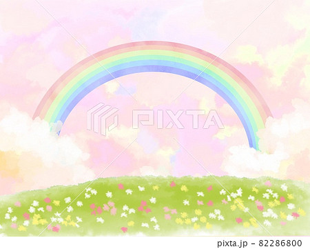 虹と花畑の背景 壁紙のイラスト素材