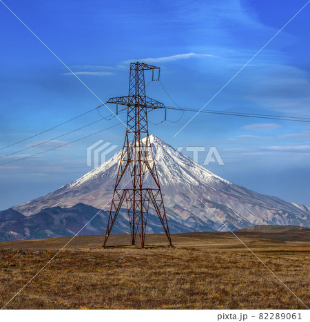 high-voltage transmission lines and the Vilyuchinsky volcano, Kamchatka Peninsula, Russia 82289061