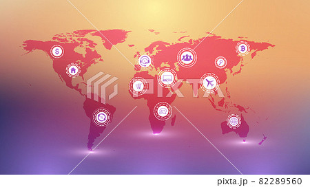World map point with global technology networking concept. Digital data visualization. Lines plexus. Big Data background communication. Scientific illustration. 82289560