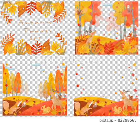 北欧風オシャレな秋の植物や森の動物の白バックベクターフレームセットのイラストのイラスト素材 2663