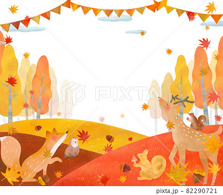 北欧風旗のある風景とオシャレな秋の植物や森の動物の白バックベクターフレームのイラストのイラスト素材