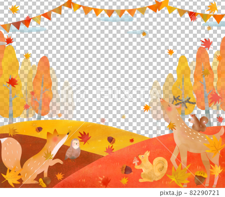 北欧風旗のある風景とオシャレな秋の植物や森の動物の白バックベクターフレームのイラスト 82290721