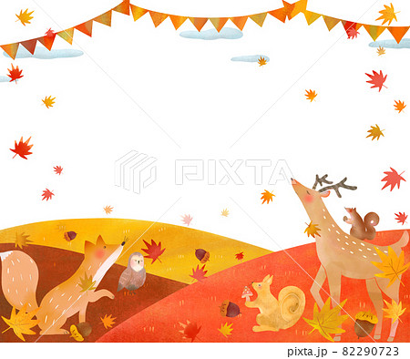 北欧風旗のある風景とオシャレな秋の植物や森の動物の白バックベクターフレームのイラストのイラスト素材