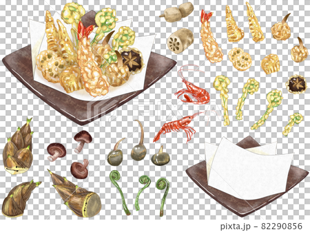 山菜、海老の天ぷらと盛付けセット　主線なし 82290856