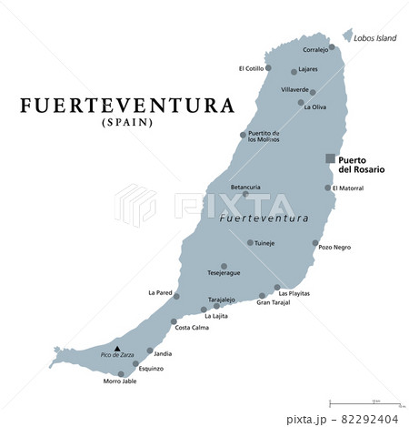 Fuerteventura island, gray political map with capital Puerto del Rosario. Part of Canary Islands, an archipelago and autonomous community of Spain in the North Atlantic Ocean, off the coast of Africa. 82292404