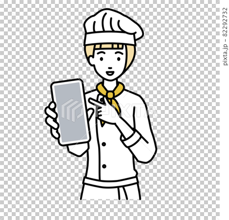 A cook woman standing and pointing at her smartphone A cook woman standing and pointing at her smartphone 82292732