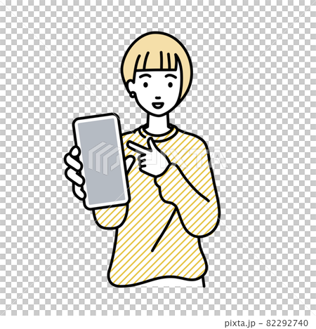 立ってスマートフォンを指差してこちらに向けて見せているリモートワークの女性 82292740