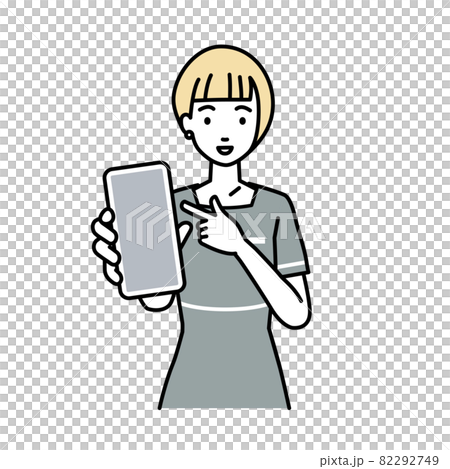 一位女美容院職員站著，指著她的智能手機 82292749