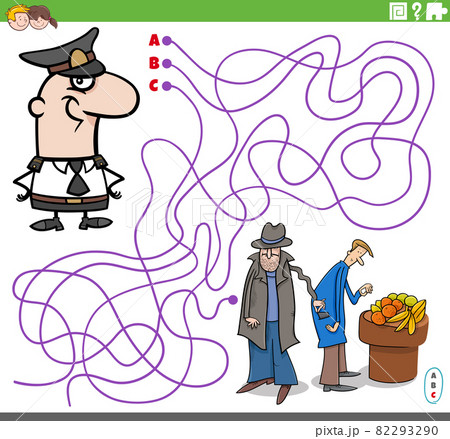 maze game with cartoon policeman character and thief 82293290