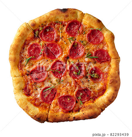 Isolated pepperoni pizza with salami Isolated pepperoni pizza with salami 82293439