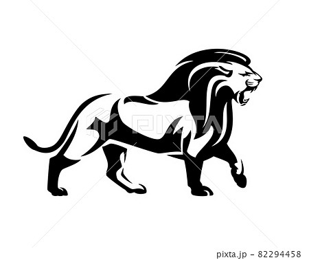 Walking And Roaring Lion With Long Mane Black Stock Illustration