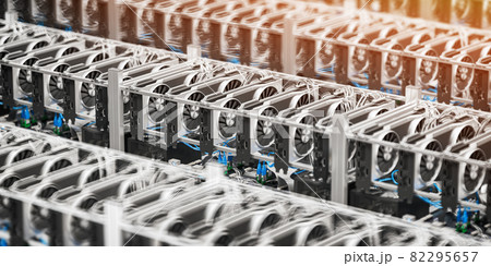Bitcoin and others cryptocurrencies mining farm. GPU graphic cards rig for cryptocurrency mining. 82295657