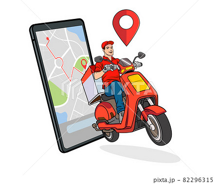 smartphone with fast delivery service by scooter with courier smartphone with fast delivery service by scooter with courier 82296315