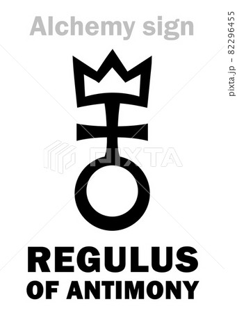 Alchemy Alphabet: REGULUS of ANTIMONY (Regulus Antimonii), Antimony regulus, Antimony metal -- pure metal (as opposed to impure ore): Chemical formula=[Sb]. Alchemical sign, Medieval symbol. 82296455