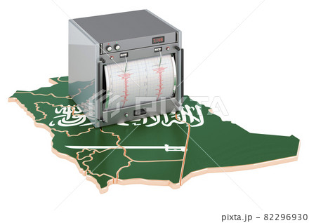 Earthquake in Saudi Arabia, concept. Seismograph on the Saudi Arabian map. 3D rendering 82296930