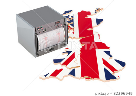 Earthquake in the Great Britain, concept. Seismograph on the British map. 3D rendering 82296949