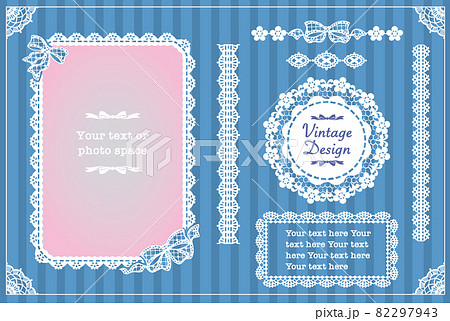 アンティークなお花レースのフレーム、リボン素材セット。ベクター素材。 アンティークなお花レースのフレーム、リボン素材セット。ベクター素材。 82297943