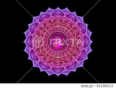 seventh chakra Sahasrara logo template. Crown chakra symbol, Purple lotus sacral sign meditation, yoga gold round mandala icon. Gold symbol Om in the center, vector isolated on black background seventh chakra Sahasrara logo template. Crown chakra symbol, Purple lotus sacral sign meditation, yoga gold round mandala icon. Gold symbol Om in the center, vector isolated on black background 82298214