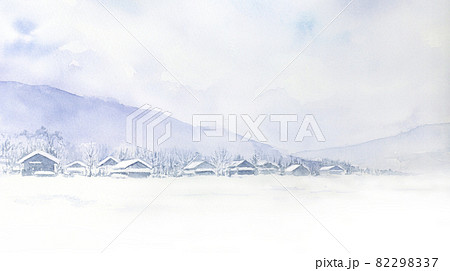 深い雪の集落　雪景色の水彩画 82298337