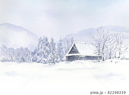 深い雪の中の茅葺の家 雪景色の水彩画のイラスト素材 2939
