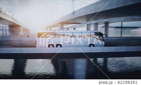 Touristic passenger bus on highway. Very fast driving. Tourism concept. 3d rendering. Touristic passenger bus on highway. Very fast driving. Tourism concept. 3d rendering. 82298391