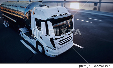 Oil truck on highway. Very fast driving. Delivery concept. 3d rendering. Oil truck on highway. Very fast driving. Delivery concept. 3d rendering. 82298397