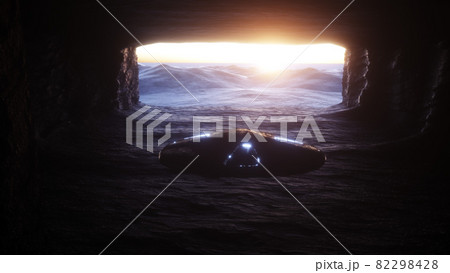 Futuristic old sci fi ship flying in rock cave. Future concept. 3d rendering. 82298428