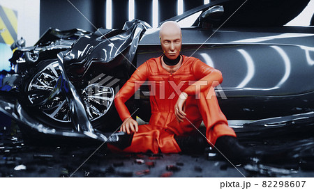 Robot crash test dummy sitting near destroyed car crash test. Future concept. 3d rendering. 82298607