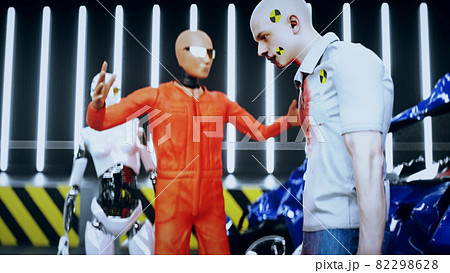 Robot crash test dummy and human. Future concept. 3d rendering. Robot crash test dummy and human. Future concept. 3d rendering. 82298628