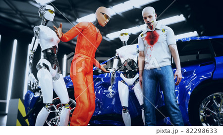 Robot crash test dummy and human. Future concept. 3d rendering. Robot crash test dummy and human. Future concept. 3d rendering. 82298633