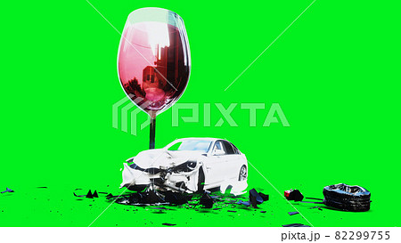 white generic 3d car crashes into alcholol bottle. Sober driver concept. 3d render. 82299755