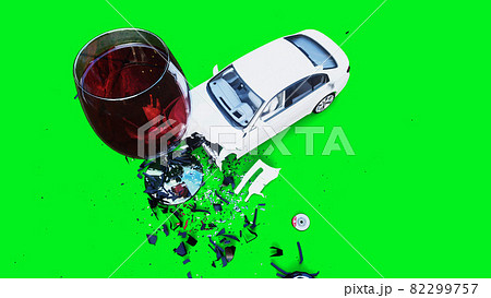 white generic 3d car crashes into alcholol bottle. Sober driver concept. 3d render. 82299757