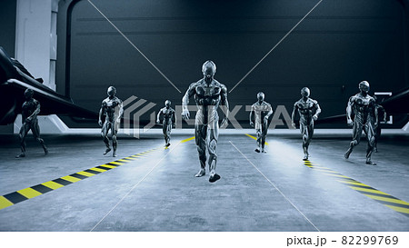 Military space futuristic soldiers walk in mitary space base. 3d rendering. 82299769